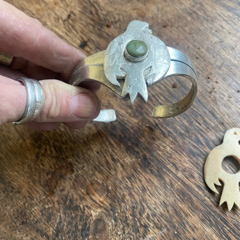 Turquoise and sterling sand casted eagle cuff bracelet